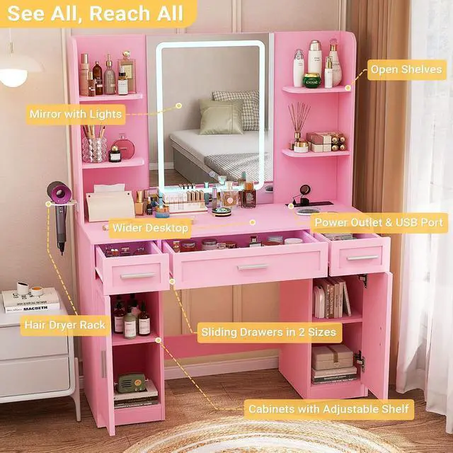 Alt view image 3 of 7 - Makeup Vanity Desk with Mirror and Lights, Vanity Table with Power Outlet & Hair Dryer Rack, App Control RGB, 3 Drawers & 2 Cabinets for Storage, 41.3", Pink