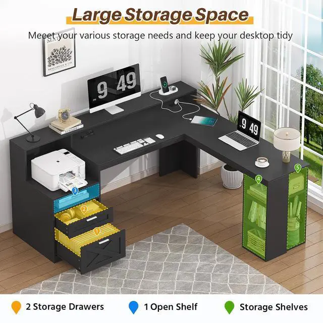 Alt view image 4 of 7 - Farmhouse 63" L Shaped Desk with Drawers & Storage Shelves, Black L Shaped Executive Desk with Power Outlets & LED Lights, Home Office Desks with File Drawer, Printer Shelf, Monitor Stand