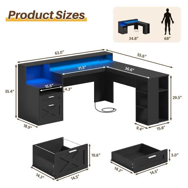 Alt view image 2 of 7 - Farmhouse 63" L Shaped Desk with Drawers & Storage Shelves, Black L Shaped Executive Desk with Power Outlets & LED Lights, Home Office Desks with File Drawer, Printer Shelf, Monitor Stand