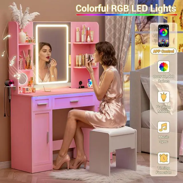 Alt view image 5 of 7 - Makeup Vanity Desk with Mirror and Lights, Vanity Table with Power Outlet & Hair Dryer Rack, App Control RGB, 3 Drawers & 2 Cabinets for Storage, 41.3", Pink