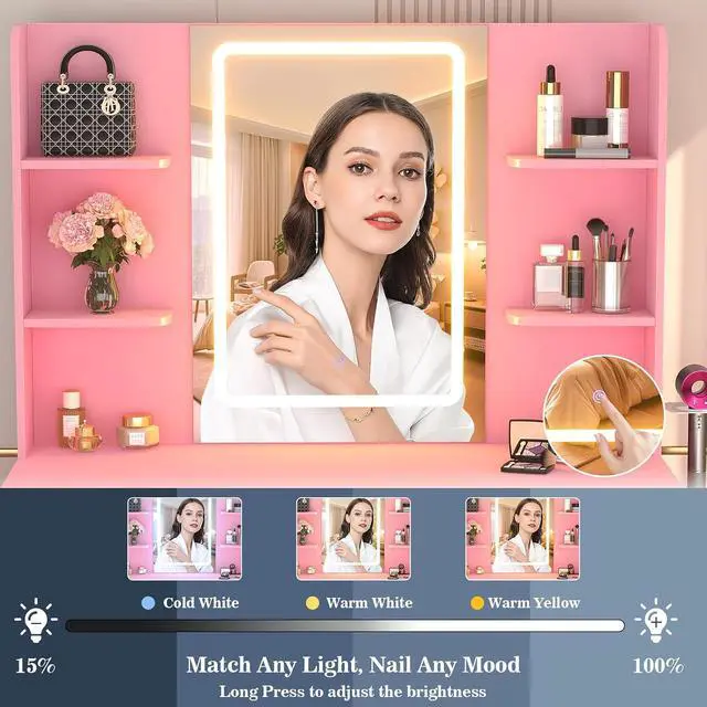 Alt view image 6 of 7 - Makeup Vanity Desk with Mirror and Lights, Vanity Table with Power Outlet & Hair Dryer Rack, App Control RGB, 3 Drawers & 2 Cabinets for Storage, 41.3", Pink