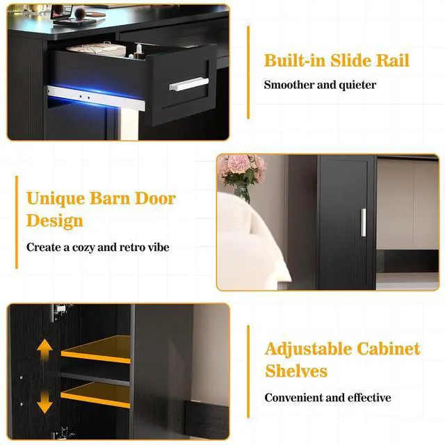Alt view image 7 of 7 - Makeup Vanity Desk with Mirror and Lights, Vanity Table with Power Outlet & Hair Dryer Rack, App Control RGB, 3 Drawers & 2 Cabinets for Storage, 41.3", Black