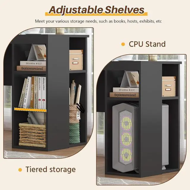 Alt view image 6 of 7 - Farmhouse 63" L Shaped Desk with Drawers & Storage Shelves, Black L Shaped Executive Desk with Power Outlets & LED Lights, Home Office Desks with File Drawer, Printer Shelf, Monitor Stand
