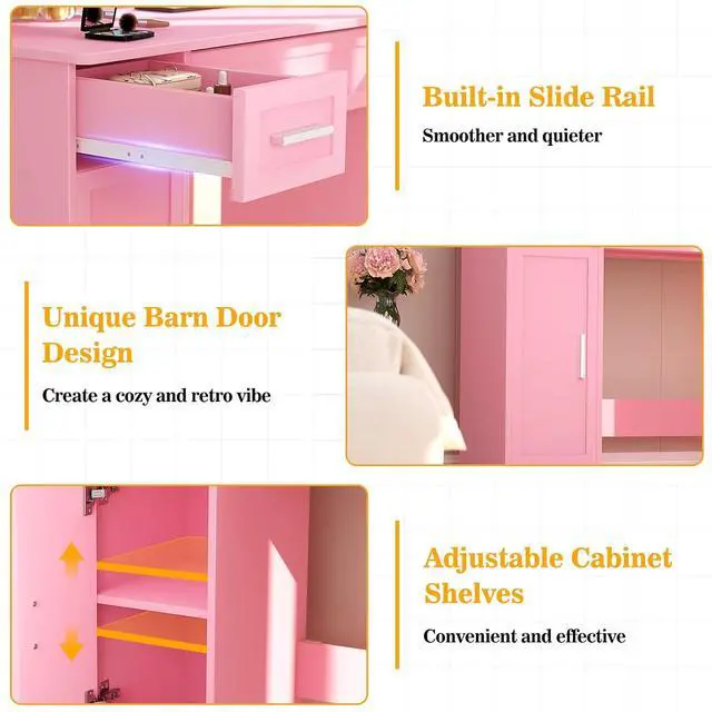 Alt view image 7 of 7 - Makeup Vanity Desk with Mirror and Lights, Vanity Table with Power Outlet & Hair Dryer Rack, App Control RGB, 3 Drawers & 2 Cabinets for Storage, 41.3", Pink