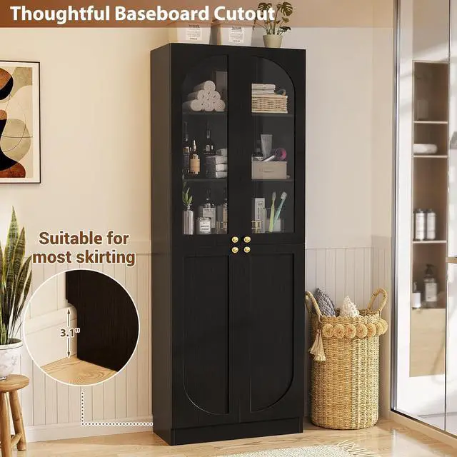 Alt view image 6 of 7 - 80" Kitchen Pantry, Tall Arch Storage Cabinet with Tempered Glass & Soft Close Doors, Freestanding Wood Floor Cupboard Bookcase with Seamless Fit Wall for Dining Room, Living Room, Bathroom