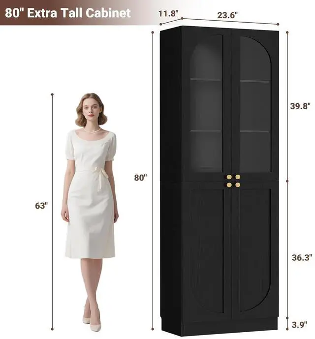 Alt view image 2 of 7 - 80" Kitchen Pantry, Tall Arch Storage Cabinet with Tempered Glass & Soft Close Doors, Freestanding Wood Floor Cupboard Bookcase with Seamless Fit Wall for Dining Room, Living Room, Bathroom