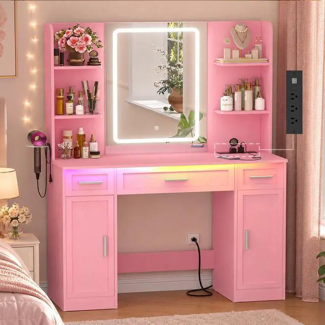 Main image of Makeup Vanity Desk with Mirror and Lights, Vanity Table with Power Outlet & Hair Dryer Rack, App Control RGB, 3 Drawers & 2 Cabinets for Storage, 41.3", Pink