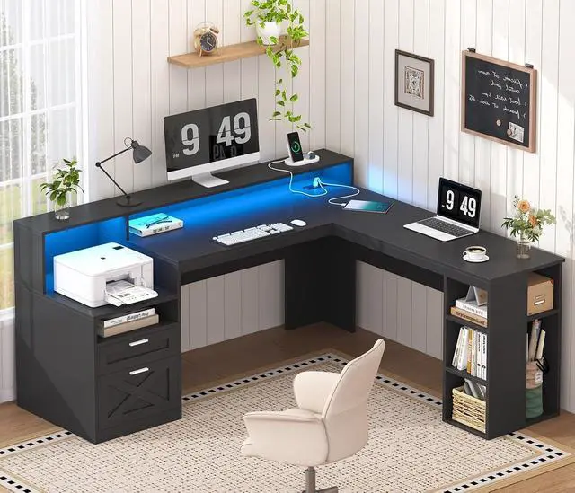 Main image of Farmhouse 63" L Shaped Desk with Drawers & Storage Shelves, Black L Shaped Executive Desk with Power Outlets & LED Lights, Home Office Desks with File Drawer, Printer Shelf, Monitor Stand