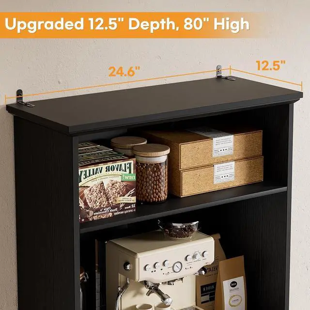 Alt view image 2 of 7 - 80" Tall Bookcase, Farmhouse Bookshelves with Drawer and Doors, Floor Standing 6 Shelf Display Storage Cabinet for Home Office, Living Room (1, Black)