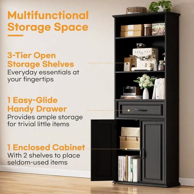 Alt view image 5 of 7 - 80" Tall Bookcase, Farmhouse Bookshelves with Drawer and Doors, Floor Standing 6 Shelf Display Storage Cabinet for Home Office, Living Room (1, Black)