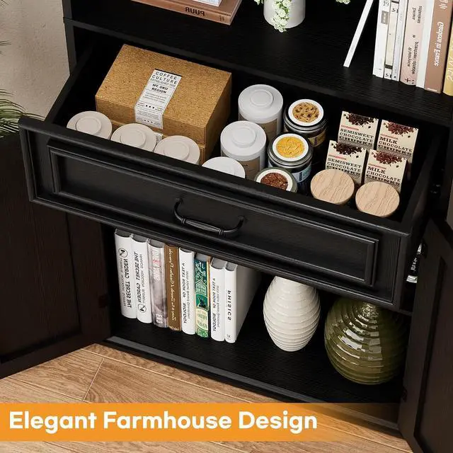 Alt view image 6 of 7 - 80" Tall Bookcase, Farmhouse Bookshelves with Drawer and Doors, Floor Standing 6 Shelf Display Storage Cabinet for Home Office, Living Room (1, Black)