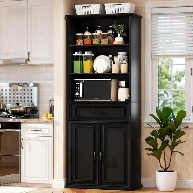 Alt view image 7 of 7 - 80" Tall Bookcase, Farmhouse Bookshelves with Drawer and Doors, Floor Standing 6 Shelf Display Storage Cabinet for Home Office, Living Room (1, Black)
