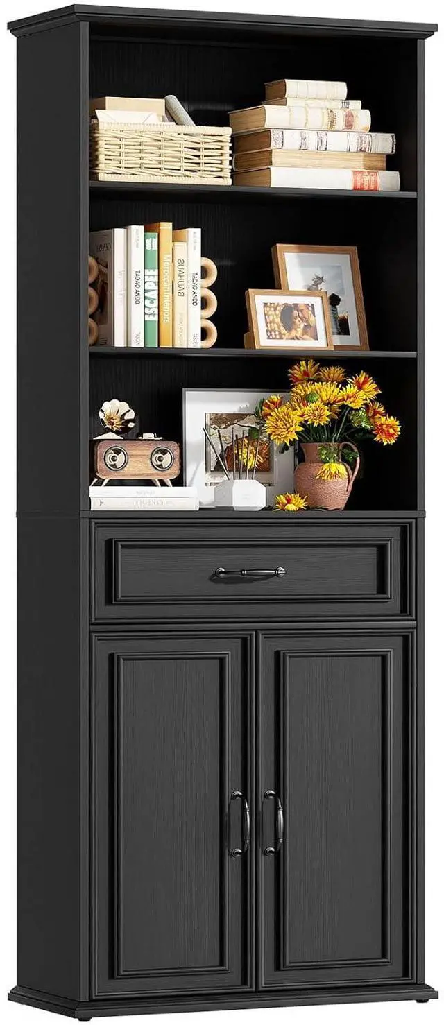 Alt view image 3 of 7 - 80" Tall Bookcase, Farmhouse Bookshelves with Drawer and Doors, Floor Standing 6 Shelf Display Storage Cabinet for Home Office, Living Room (1, Black)