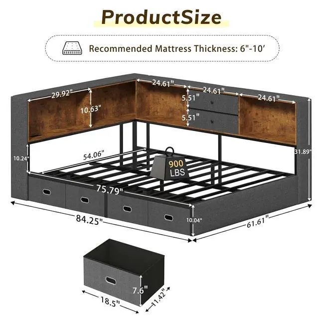 Alt view image 2 of 7 - Full Corner Bed Frame with Storage Bookcase and 6 Drawers, Upholstered Daybed Full Size with Charging Station & LED Lights, L-Shape Full Size Bed Frames Metal Platform Bed for Kids Teenagers, Oak Grey