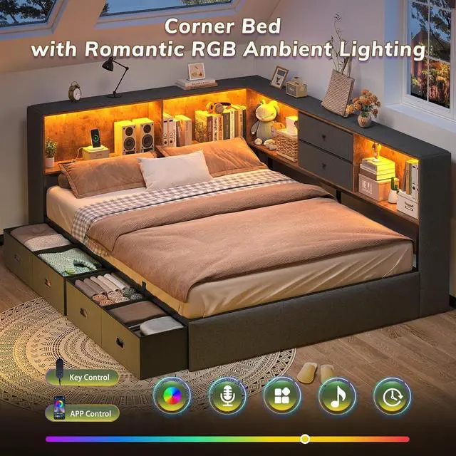 Alt view image 3 of 7 - Full Corner Bed Frame with Storage Bookcase and 6 Drawers, Upholstered Daybed Full Size with Charging Station & LED Lights, L-Shape Full Size Bed Frames Metal Platform Bed for Kids Teenagers, Oak Grey