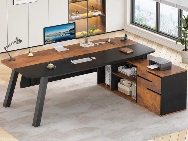 Main image of 71" Executive Desk with File Cabinet, Large Office Desk with Drawers and Shelves, L Shaped Computer Desk with Power Outlets, Business Furniture Desk Workstation for Home Office, Brown