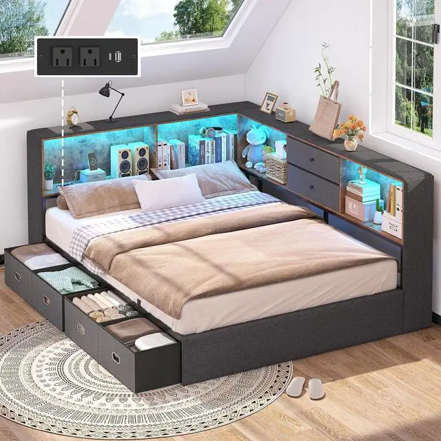 Main image of Full Corner Bed Frame with Storage Bookcase and 6 Drawers, Upholstered Daybed Full Size with Charging Station & LED Lights, L-Shape Full Size Bed Frames Metal Platform Bed for Kids Teenagers, Oak Grey