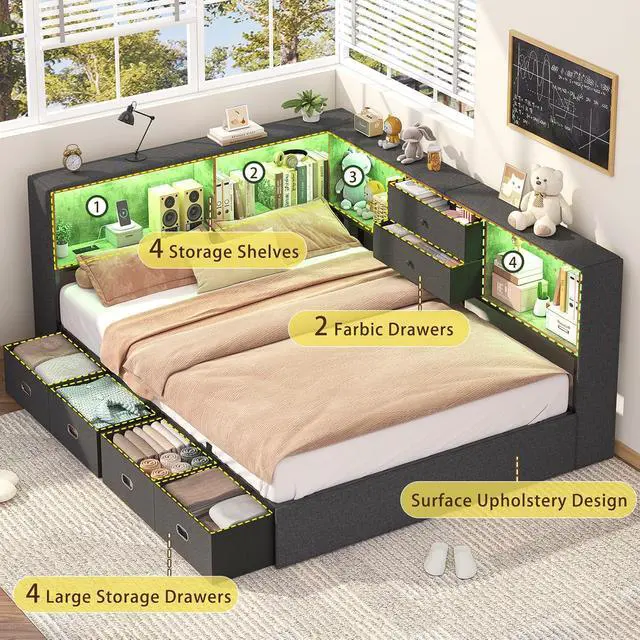 Alt view image 4 of 7 - Full Corner Bed Frame with Storage Bookcase and 6 Drawers, Upholstered Daybed Full Size with Charging Station & LED Lights, L-Shape Full Size Bed Frames Metal Platform Bed for Kids Teenagers, Oak Grey