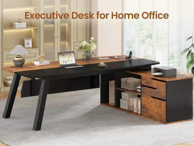 Alt view image 4 of 7 - 71" Executive Desk with File Cabinet, Large Office Desk with Drawers and Shelves, L Shaped Computer Desk with Power Outlets, Business Furniture Desk Workstation for Home Office, Brown
