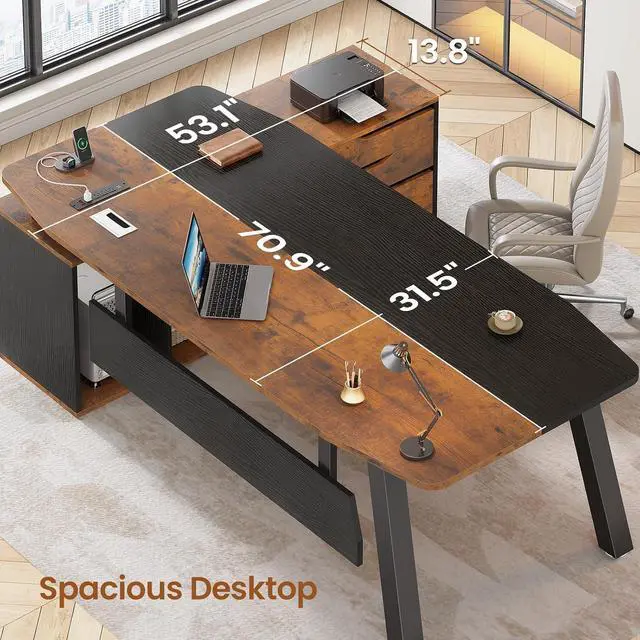 Alt view image 3 of 7 - 71" Executive Desk with File Cabinet, Large Office Desk with Drawers and Shelves, L Shaped Computer Desk with Power Outlets, Business Furniture Desk Workstation for Home Office, Brown