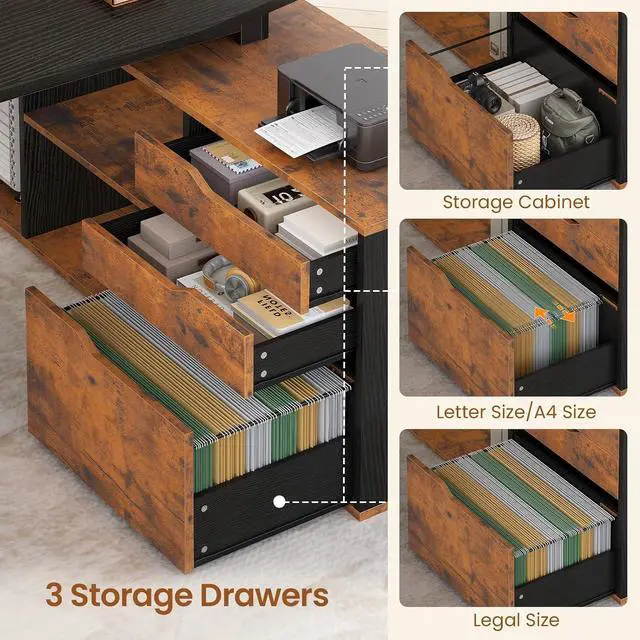 Alt view image 5 of 7 - 71" Executive Desk with File Cabinet, Large Office Desk with Drawers and Shelves, L Shaped Computer Desk with Power Outlets, Business Furniture Desk Workstation for Home Office, Brown