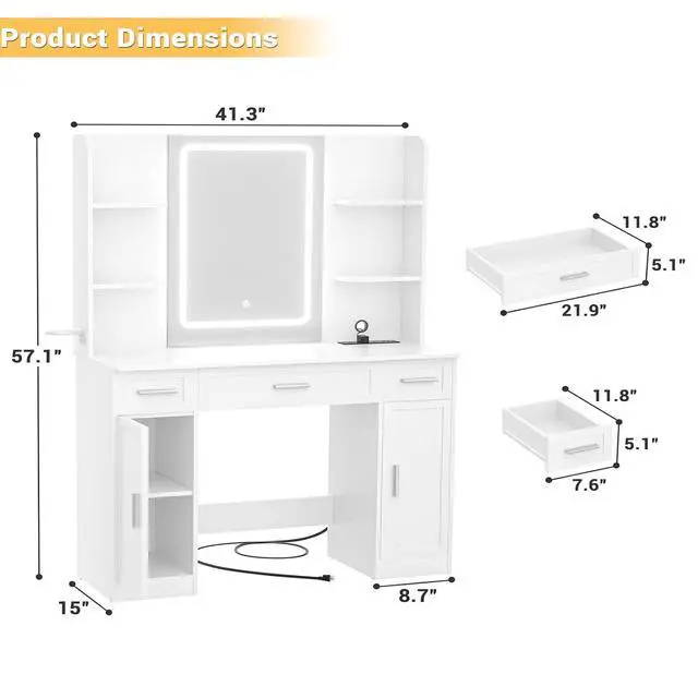 Alt view image 2 of 7 - Makeup Vanity Desk with Mirror and Lights, Vanity Table with Power Outlet & Hair Dryer Rack, App Control RGB, 3 Drawers & 2 Cabinets for Storage, 41.3", White