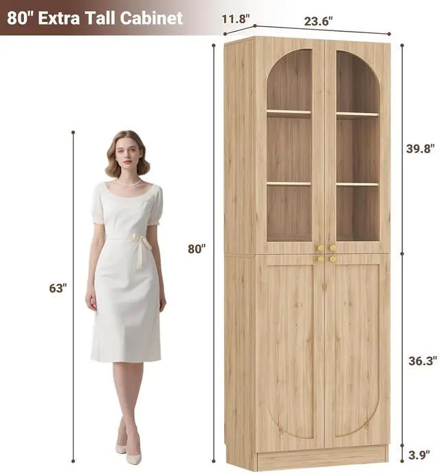 Alt view image 3 of 7 - 80" Kitchen Pantry, Tall Arch Storage Cabinet with Tempered Glass & Soft Close Doors, Freestanding Wood Floor Cupboard Bookcase with Seamless Fit Wall for Dining Room, Living Room, Bathroom