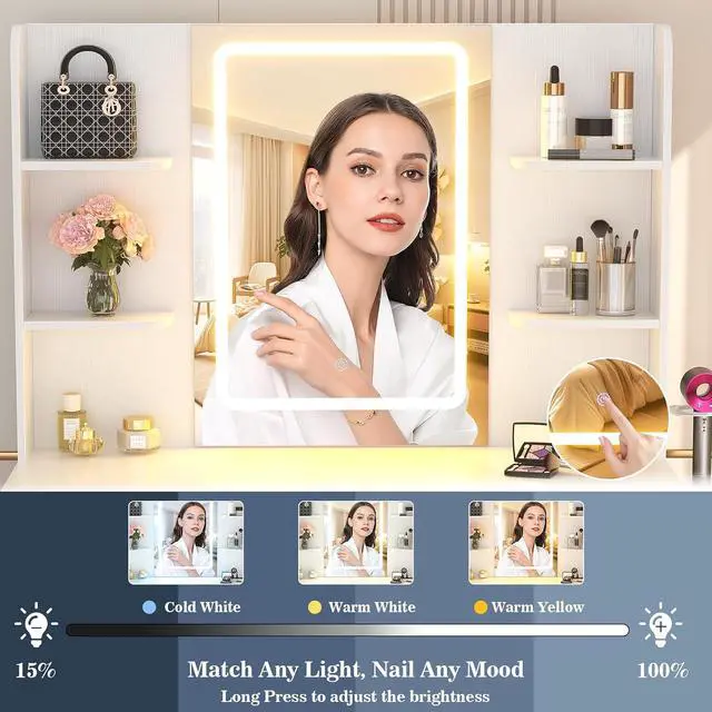 Alt view image 5 of 7 - Makeup Vanity Desk with Mirror and Lights, Vanity Table with Power Outlet & Hair Dryer Rack, App Control RGB, 3 Drawers & 2 Cabinets for Storage, 41.3", White