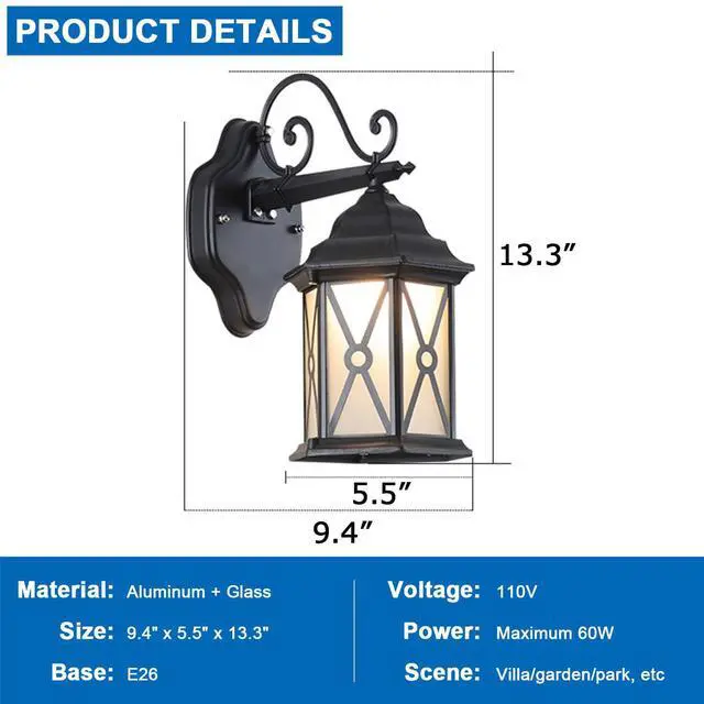 Alt view image 2 of 7 - Exterior Wall Sconce IP54 Waterproof Outdoor Wall Lantern Porch Light with Glass Shade & E26 Socket Aluminum Anti-Rust Outdoor Light Fixture for Garage Backyard