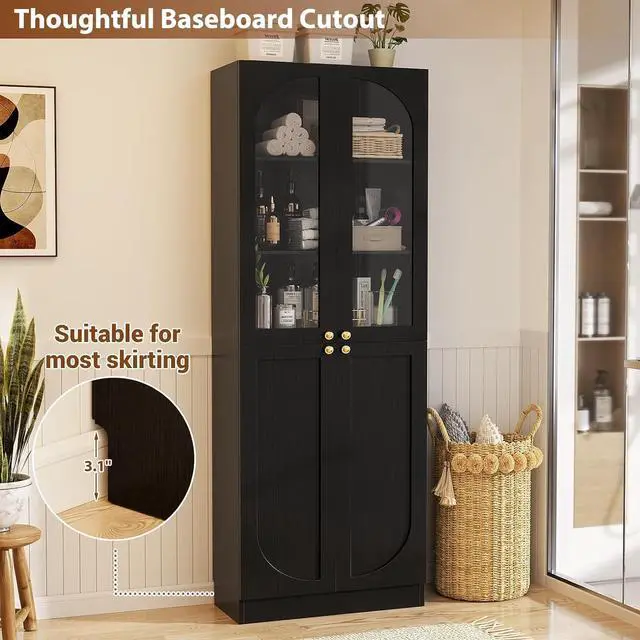 Alt view image 6 of 7 - 80" Kitchen Pantry, Tall Arch Storage Cabinet with Tempered Glass & Soft Close Doors, Freestanding Wood Floor Cupboard Bookcase with Seamless Fit Wall for Dining Room, Living Room, Bathroom