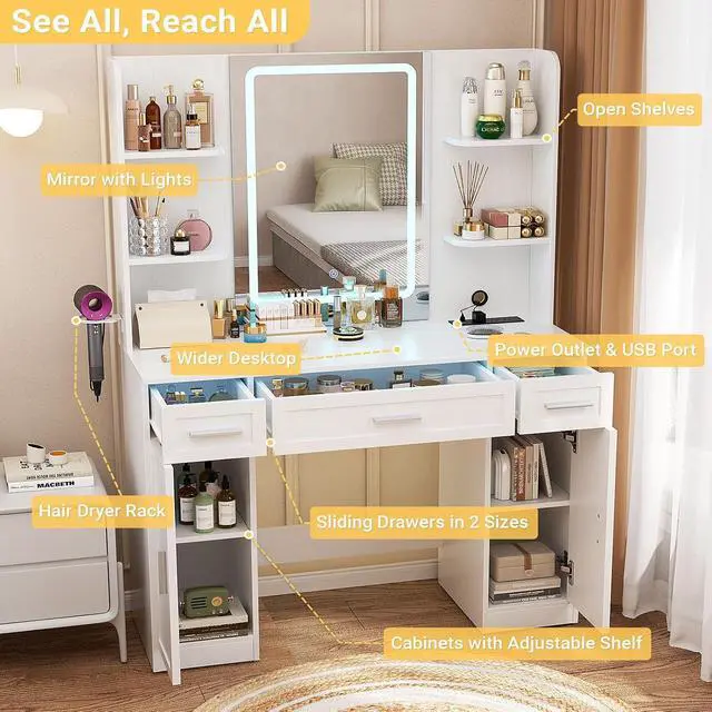 Alt view image 3 of 7 - Makeup Vanity Desk with Mirror and Lights, Vanity Table with Power Outlet & Hair Dryer Rack, App Control RGB, 3 Drawers & 2 Cabinets for Storage, 41.3", White