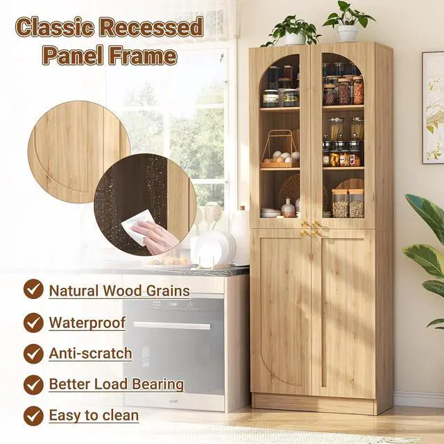 Alt view image 5 of 7 - 80" Kitchen Pantry, Tall Arch Storage Cabinet with Tempered Glass & Soft Close Doors, Freestanding Wood Floor Cupboard Bookcase with Seamless Fit Wall for Dining Room, Living Room, Bathroom