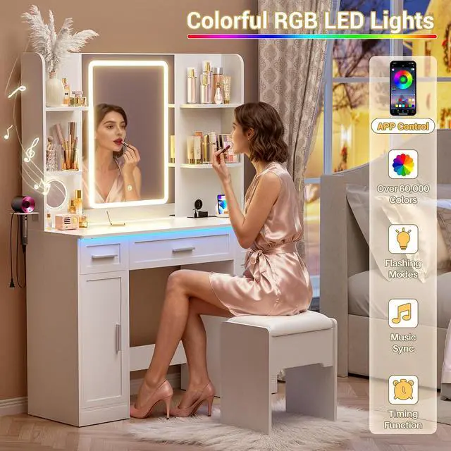 Alt view image 4 of 7 - Makeup Vanity Desk with Mirror and Lights, Vanity Table with Power Outlet & Hair Dryer Rack, App Control RGB, 3 Drawers & 2 Cabinets for Storage, 41.3", White