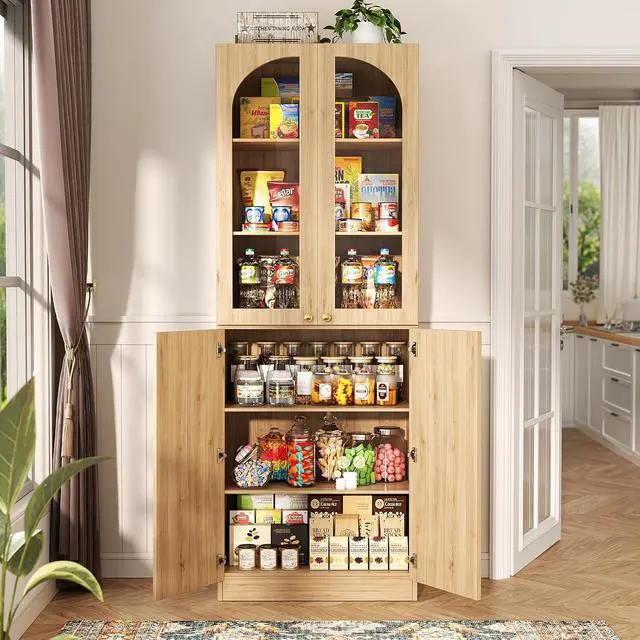 Alt view image 2 of 7 - 80" Kitchen Pantry, Tall Arch Storage Cabinet with Tempered Glass & Soft Close Doors, Freestanding Wood Floor Cupboard Bookcase with Seamless Fit Wall for Dining Room, Living Room, Bathroom