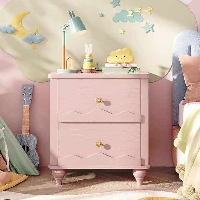 Alt view image 3 of 7 - Pink Nightstand with Charging Station, Scalloped Bedside Table with 2 Smooth Drawers, Modern End Table with Solid Wood Legs for Bedroom and Small Spaces