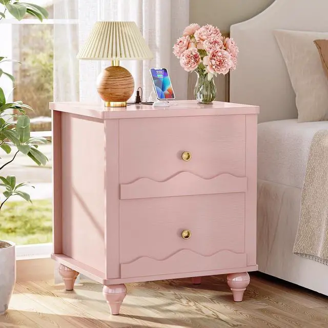 Main image of Pink Nightstand with Charging Station, Scalloped Bedside Table with 2 Smooth Drawers, Modern End Table with Solid Wood Legs for Bedroom and Small Spaces