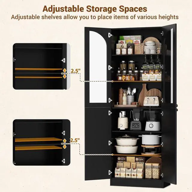 Alt view image 7 of 7 - 80" Kitchen Pantry, Tall Arch Storage Cabinet with Tempered Glass & Soft Close Doors, Freestanding Wood Floor Cupboard Bookcase with Seamless Fit Wall for Dining Room, Living Room, Bathroom