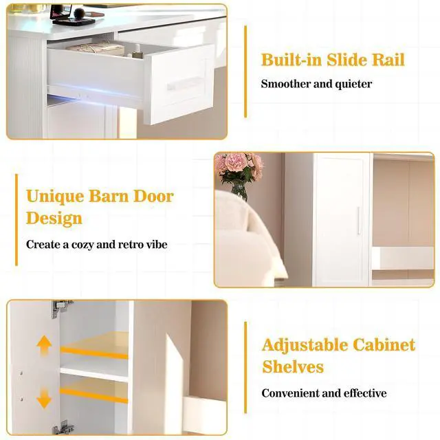 Alt view image 6 of 7 - Makeup Vanity Desk with Mirror and Lights, Vanity Table with Power Outlet & Hair Dryer Rack, App Control RGB, 3 Drawers & 2 Cabinets for Storage, 41.3", White
