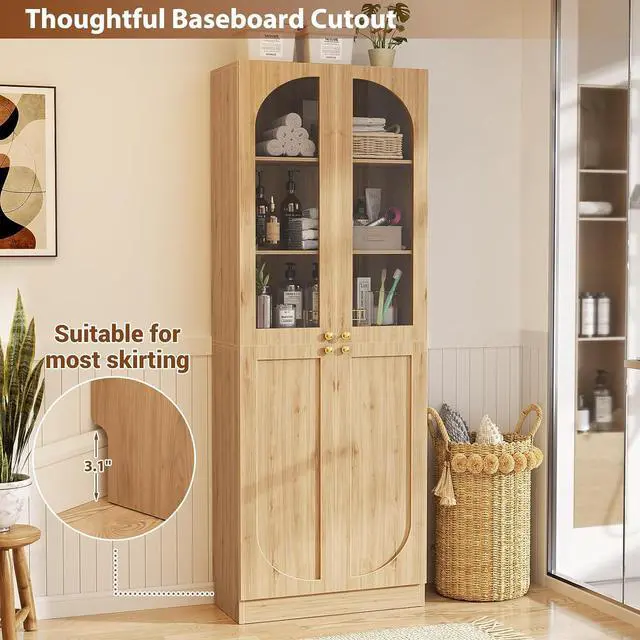 Alt view image 6 of 7 - 80" Kitchen Pantry, Tall Arch Storage Cabinet with Tempered Glass & Soft Close Doors, Freestanding Wood Floor Cupboard Bookcase with Seamless Fit Wall for Dining Room, Living Room, Bathroom
