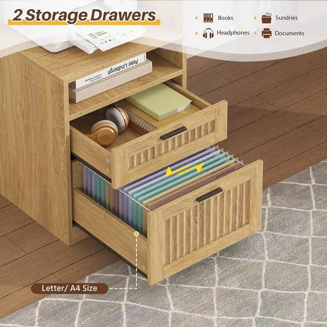 Alt view image 5 of 7 - 63" Fluted L Shaped Desk with Drawers & Storage Shelves, Executive Home Office Desk with Power Outlets & LED Lights, Wood Corner Desk with Monitor Stand, File Drawer, Printer Shelf, Oak