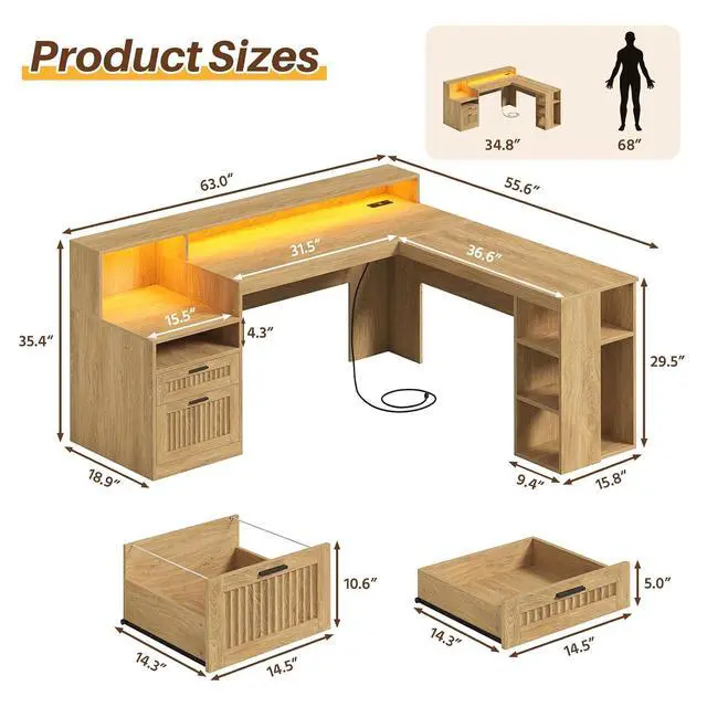 Alt view image 2 of 7 - 63" Fluted L Shaped Desk with Drawers & Storage Shelves, Executive Home Office Desk with Power Outlets & LED Lights, Wood Corner Desk with Monitor Stand, File Drawer, Printer Shelf, Oak