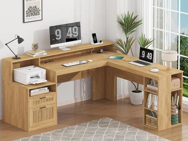 Main image of 63" Fluted L Shaped Desk with Drawers & Storage Shelves, Executive Home Office Desk with Power Outlets & LED Lights, Wood Corner Desk with Monitor Stand, File Drawer, Printer Shelf, Oak