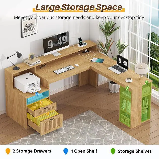 Alt view image 4 of 7 - 63" Fluted L Shaped Desk with Drawers & Storage Shelves, Executive Home Office Desk with Power Outlets & LED Lights, Wood Corner Desk with Monitor Stand, File Drawer, Printer Shelf, Oak