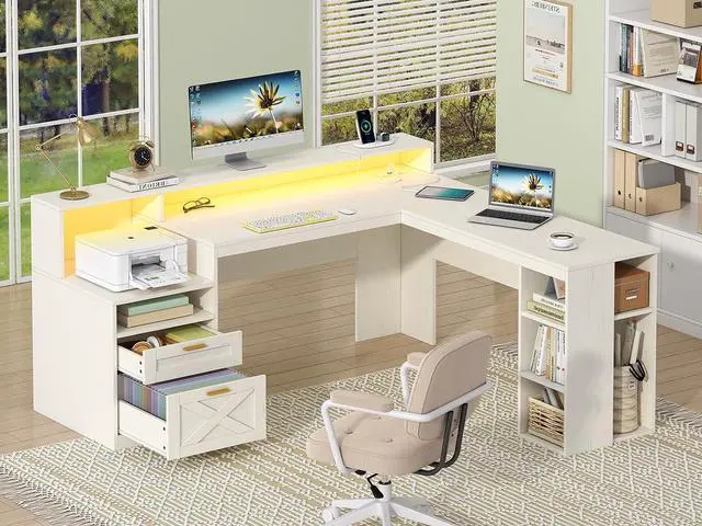 Main image of Farmhouse 63" L Shaped Desk with Drawers & Storage Shelves, White Corner Desk with Power Outlets & LED Lights, Home Office Desks with File Drawer, Printer Shelf, Monitor Stand