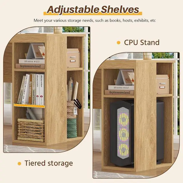 Alt view image 6 of 7 - 63" Fluted L Shaped Desk with Drawers & Storage Shelves, Executive Home Office Desk with Power Outlets & LED Lights, Wood Corner Desk with Monitor Stand, File Drawer, Printer Shelf, Oak