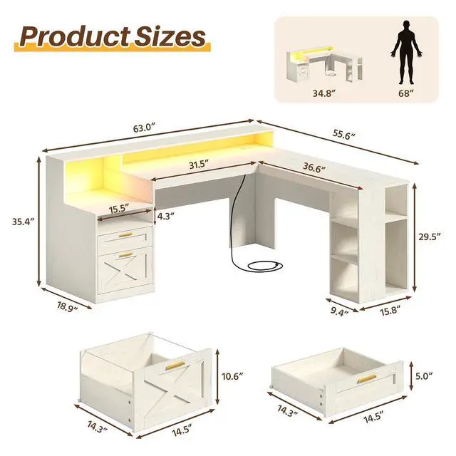 Alt view image 2 of 7 - Farmhouse 63" L Shaped Desk with Drawers & Storage Shelves, White Corner Desk with Power Outlets & LED Lights, Home Office Desks with File Drawer, Printer Shelf, Monitor Stand