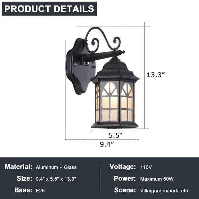 Alt view image 6 of 7 - Outdoor Wall Light Fixtures Exterior Waterproof Porch Lights Aluminum Retro Outdoor Wall Sconce with Soft Light Glass E26 Socket for House Doorway Garage