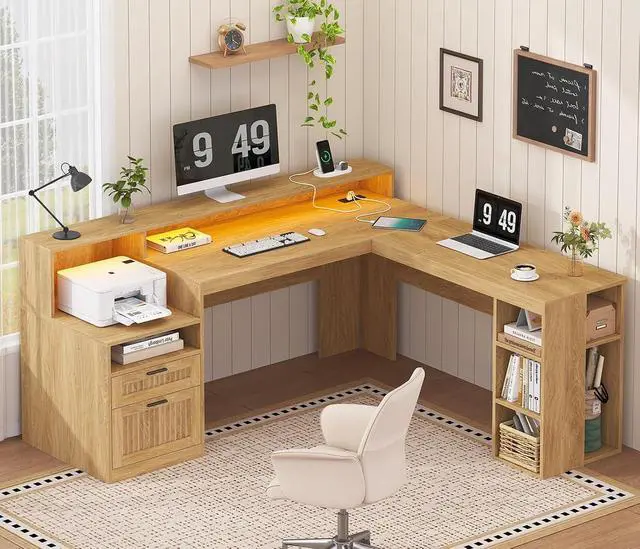 Alt view image 3 of 7 - 63" Fluted L Shaped Desk with Drawers & Storage Shelves, Executive Home Office Desk with Power Outlets & LED Lights, Wood Corner Desk with Monitor Stand, File Drawer, Printer Shelf, Oak