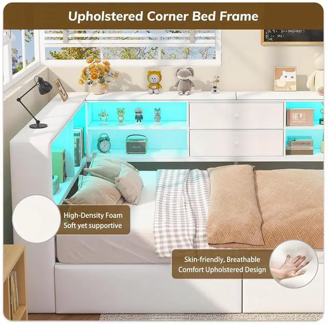 Alt view image 6 of 7 - Twin Corner Bed Frame with Storage Bookcase and 4 Drawers, Upholstered Daybed Twin Size with Charging Station & LED Lights, White L-Shape Twin Size Bed Frames Metal Platform Bed for Kids Teenagers