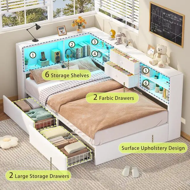 Alt view image 4 of 7 - Twin Corner Bed Frame with Storage Bookcase and 4 Drawers, Upholstered Daybed Twin Size with Charging Station & LED Lights, White L-Shape Twin Size Bed Frames Metal Platform Bed for Kids Teenagers